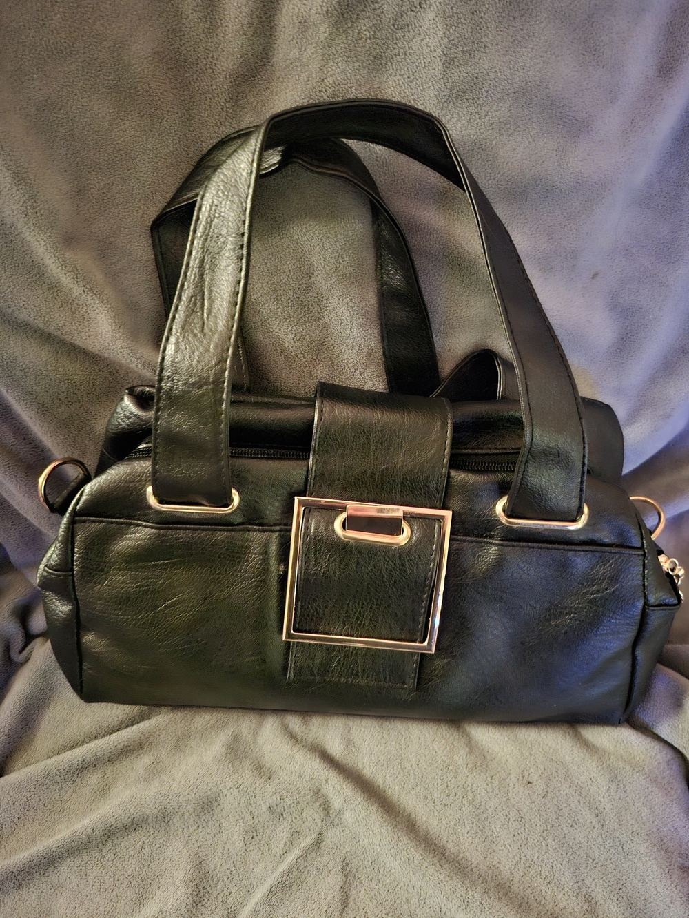 Black Faux-Leather Shoulder Bag with Gold Accent Buckle